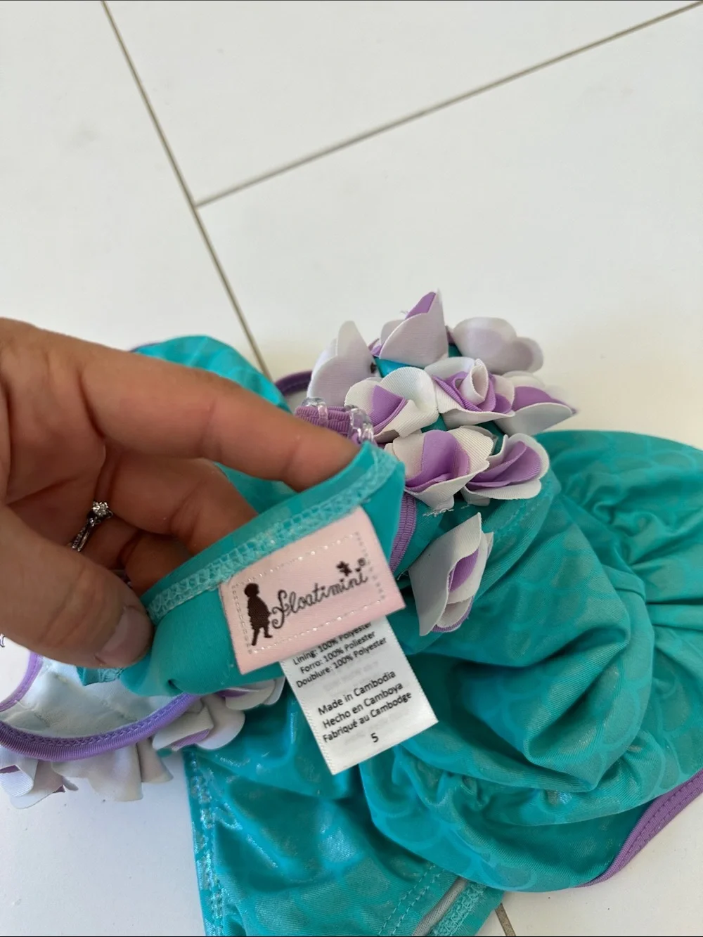 Floatimini Aqua Teal One-Piece Swimsuit with Purple Floral Ruffle Straps 5